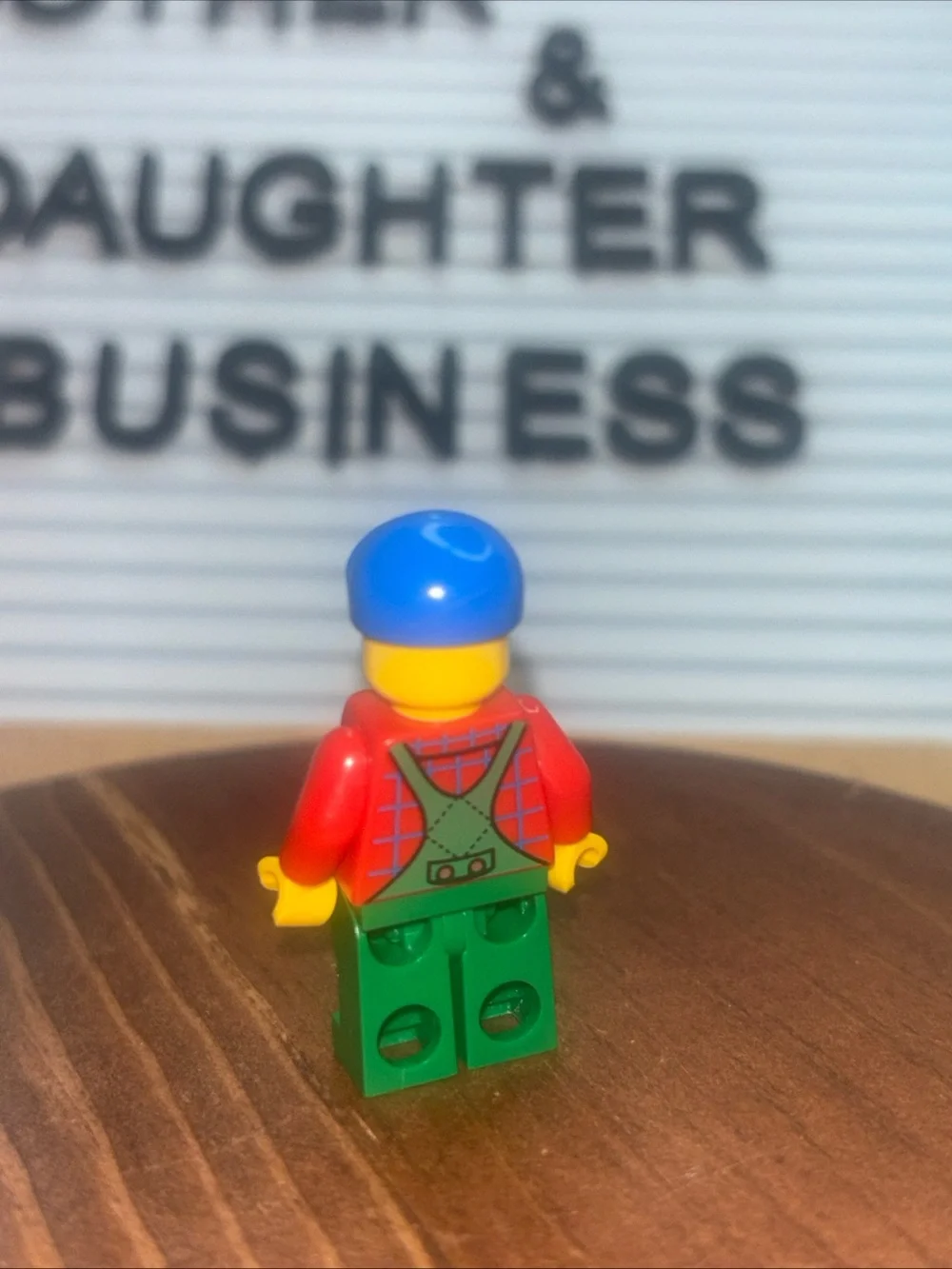 Lego Minifigure with Blue Hat, Red Torso, and Green Overalls
